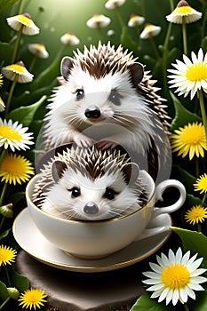 Two cute hedgehogs nestled in a teacup, with flowers arounds them, digital anime art, animal, fantasy