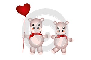 Two cute hippos hand in hand with red scarves and heart balloon isolated on white background