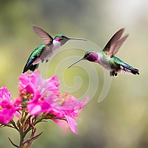 Two cute hummingbird bird flying next to beautiful pink flower.