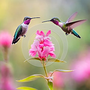 Two cute hummingbird bird flying next to beautiful pink flower.