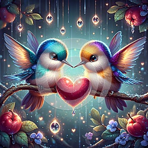 Two cute hummingbirds holding a heart, perched on a branch, flower, rain drops falling arounds, painting art