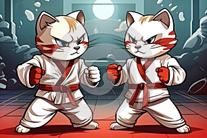 Two cute karate fighters cats in the ring