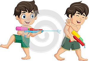 Two cute kids cartoon playing water gun