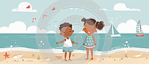 Two cute kids playing on the beach. Summer, vacation, sun, happiness, seaside. Flat illustration for web