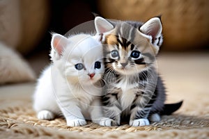 Two cute kittens cuddling on a straw mat, looking at the camera with big blue eyes