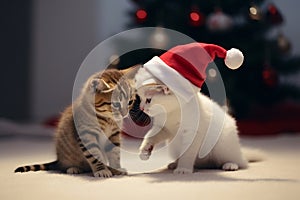 Two cute kittens playing together near Christmas tree, celebrating Christmas with cat concept background. Generative AI