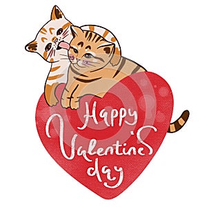 Two cute kittens with red heart. Sweet cats print for Valentineâ€™s Day craft illustration