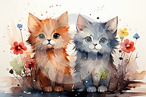 Two cute kittens on a white background with flowers, watercolor illustration