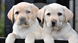 Two cute labrador puppies looking over a fence