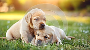 two cute labrador puppies playing on the grass, generative ai