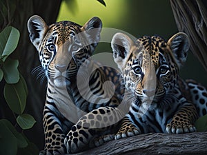 Two cute leopard cubs leaning on a log in the middle of the forest