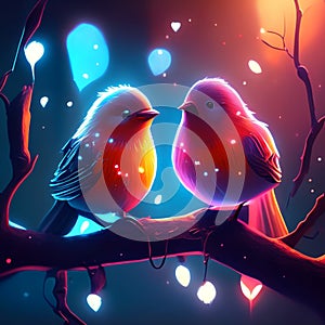 Two cute little birds sitting on a branch in the night forest. AI Generated