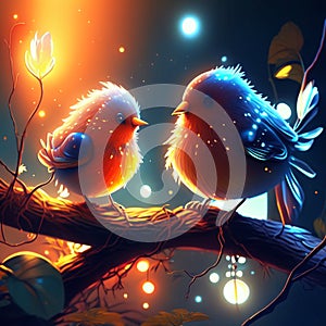 Two cute little birds sitting on the branch in the night forest. Generative AI