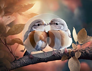 Two cute little birds sitting on the branch. Valentine Day card