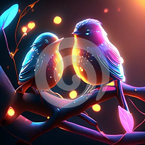 Two cute little birds sitting on a tree branch in neon light. Generative AI