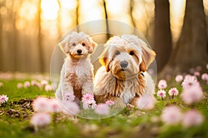 Two cute little dogs playing in the park with pink flowers and grass.