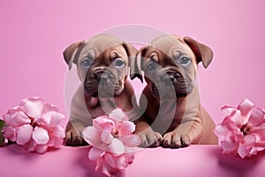 Two cute little dogs in spring flowers. Couple of two puppies in love on valentines day.