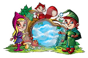 Two cute little forest elves with squirrel