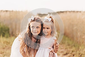 Two cute little girls in dresses hugging in nature in the summer