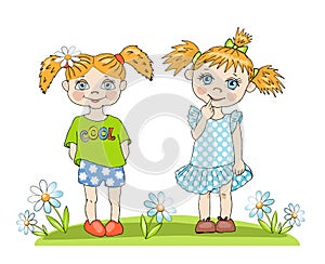 Two cute little girls with funny pigtails standing on a chamomile field. Vector cartoon illustration