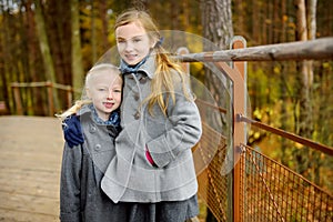 Two cute little girls having fun on beautiful autumn day. Happy children playing in autumn park. Kids gathering yellow fall foliag