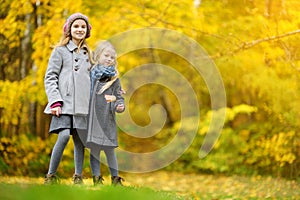 Two cute little girls having fun on beautiful autumn day. Happy children playing in autumn park. Kids gathering yellow fall foliag