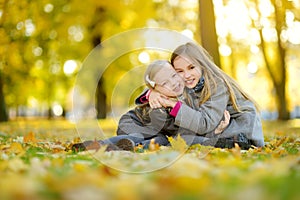 Two cute little girls having fun on beautiful autumn day. Happy children playing in autumn park. Kids gathering yellow fall foliag