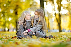 Two cute little girls having fun on beautiful autumn day. Happy children playing in autumn park. Kids gathering yellow fall foliag