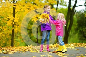 Two cute little girls having fun on beautiful autumn day. Happy children playing in autumn park. Kids gathering yellow fall foliag