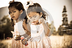 Two cute little girls having fun blowing bubbles in the park