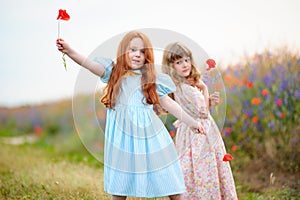 Two cute little girls playing with flowers in a summer field