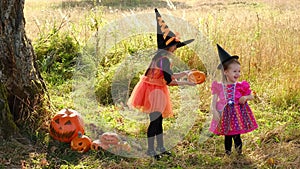 Two cute little girls in witch costumes pass each other carved Halloween pumpkin and laugh merrily.