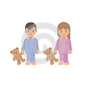 Two cute little kids in pajamas holding teddy bears. Boy & girl