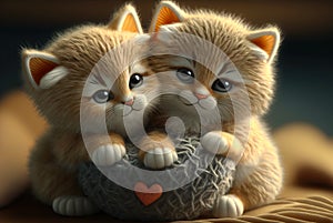 Two cute little kittens with heart. Valentine& x27;s gift card concept. Generative AI