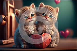 Two cute little kittens with heart. Valentine's gift card concept