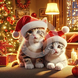 two cute little kittens with santa hats