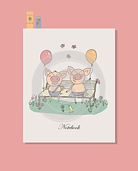 Two cute little pigs sitting on a bench with balloons