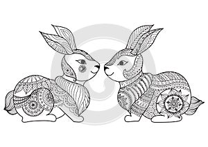 Two cute little rabbit line art design for coloring book, cards, t shirt design and so on