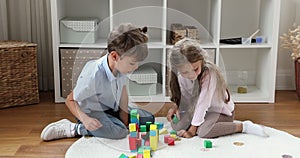 Two cute little siblings play wooden colorful bricks at home