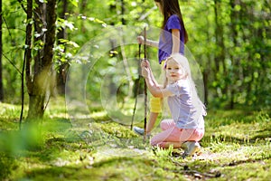 Two cute little sisters having fun during forest hike on beautiful summer day. Active family leisure with kids.