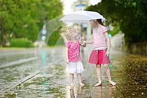 Two cute little sisters having fun under a rain