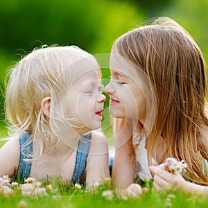 Two cute little sisters laying in the grass