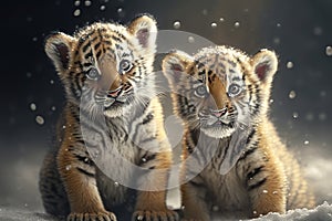 Two cute little tiger cubs standing in snow and looking at camera. Generative AI