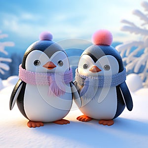 two cute love pinguins in freez winter cartoon 3d illustration. Generative ai