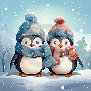 two cute love pinguins in freez winter cartoon 3d illustration. Generative ai