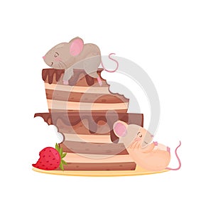 Two cute mouse overeat chocolate cake with strawberries. Vector illustration on white background.