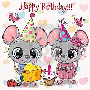 Two Cute Mouses and ladybug with balloon and bonnets