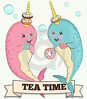 Two cute narwhal animals drinking tea with doughnuts