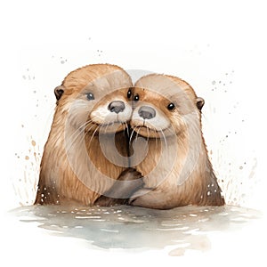 two cute otters hugging each other in love - romance concept
