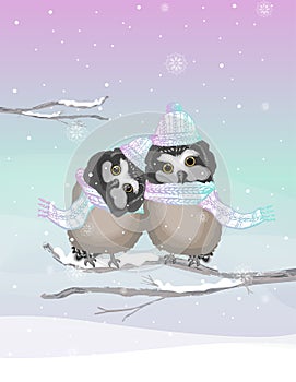Two cute owls with knitted hat and scarf on a frozen winter background
